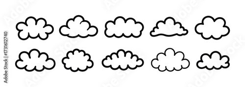 Collection of ten simple, hand-drawn cloud icons on a white background