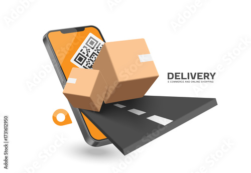 Parcel or cardboard box is being sent down the street to pinpoint that customer has specified after scanning QR code to pay, vector 3d isolated for e commerce, delivery, online shopping concept