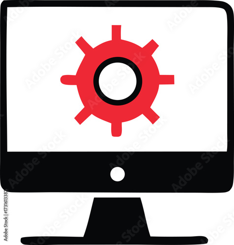 Computer monitor displays red gear symbol representing settings configuration or system update concept