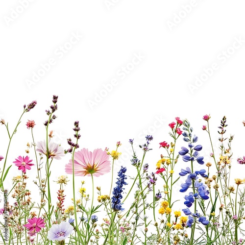 Beautiful Colorful Wildflowers Blooming in Meadow with Green Grass Isolated on White Background