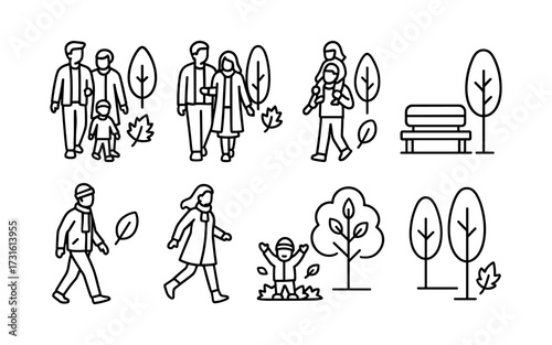 Set of ten outline icons of autumn family activities in the park. Black linear vector illustrations of parents and children walking, sitting, playing, with leaves, trees, bench, and umbrella.