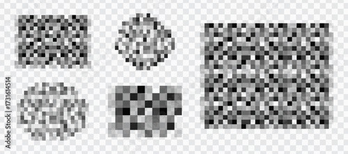 Set gray Pixel censor blur mosaic signs elements on transparent background. Pixelated effect texture bar. Privacy square content. 