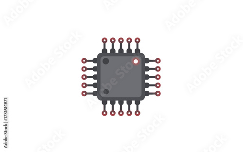 A top-down view of a gray integrated circuit chip with multiple pins extending outwards on a white background.