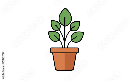 A simple cartoon illustration of a green leafy plant growing in a brown terracotta pot, isolated on a white background.