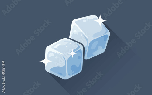 Two translucent ice cubes with sparkling highlights, casting a shadow on a dark background.
