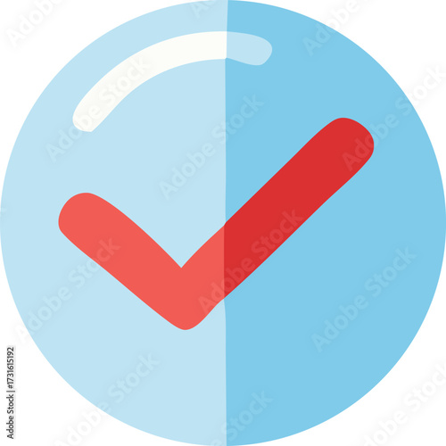 Bright red check mark inside translucent blue circle symbolizing success approval confirmation and positive choices