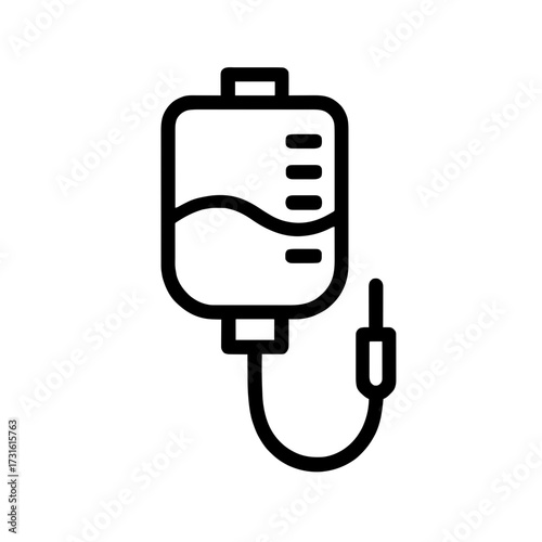 Black and white outline vector icon of an IV fluid bag with measurement lines and tube. Medical, healthcare, hospital UI, infographics, and educational design projects.