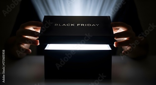 Hands opening black box revealing bright light Black Friday sale discount deal shopping
