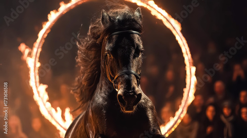 Horse jumps through flaming ring in a night performance