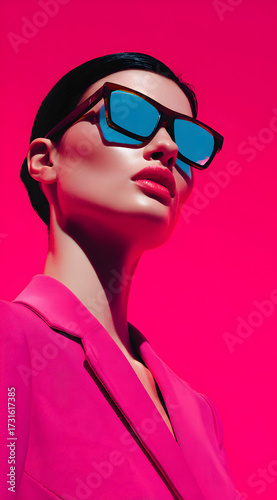 fashion portrait of model wearing sunglasses with vibrant pink and blue lighting creating sharp contrast on skin texture