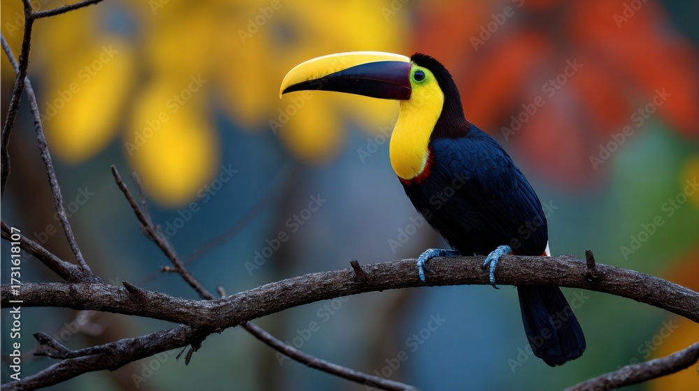 Fototapeta premium Vibrant Bird Perched Gracefully on a Branch Surrounded by a Kaleidoscopic Background of Colors Evoking a Sense of Joy and Natural Beauty in the Wild