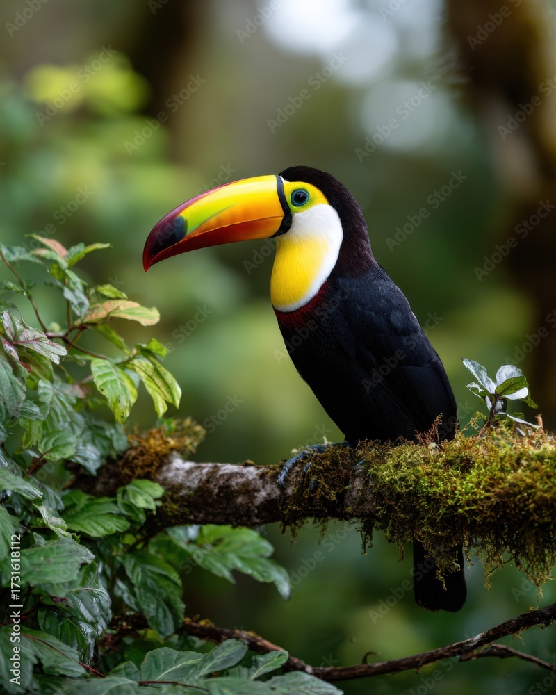 Obraz premium Vibrant Toucan Perched Gracefully on a Branch Amidst Lush Green Jungle Foliage Exuding Tropical Elegance and Natural Beauty in a Sunlit Environment