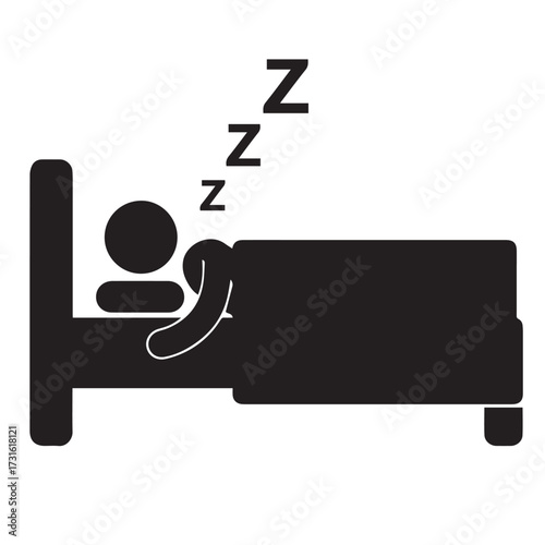white icon depicting a stick figure sleeping in a bed. The figure is lying on their side under a blanket, and there are three 'Z's floating above their head, which is a common symbol for sleeping
