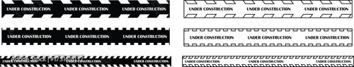 Under construction banner icons set. Caution warning tape vectors illustration in black flat and line styles. Safety barrier stripe design for road work, building site, repair and maintenance graphic.