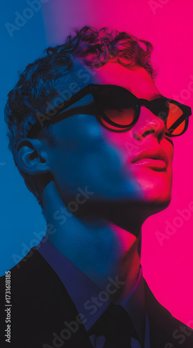 fashion portrait of model wearing sunglasses with vibrant pink and blue lighting creating sharp contrast on skin texture