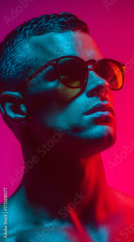 fashion portrait of model wearing sunglasses with vibrant pink and blue lighting creating sharp contrast on skin texture