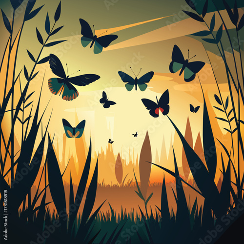 Silhouetted butterflies gracefully flutter amidst tall grass at sunset, creating a serene scene