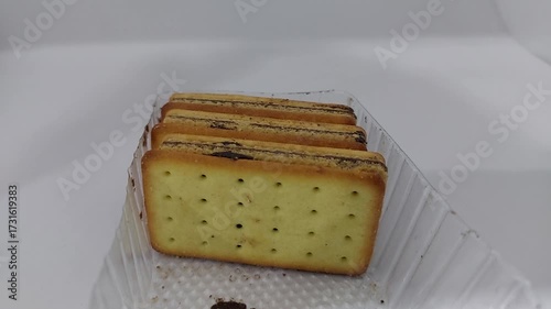 Close Up of Chocolate Filled Biscuits in Plastic Tray