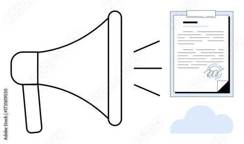 Megaphone emitting sound waves toward a signed document with digital signature and cloud element. Ideal for communication, announcement, marketing, digital agreement, cloud storage, remote work