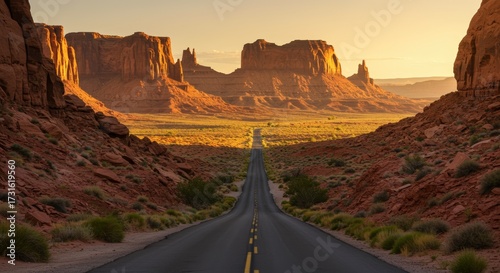 Long road perspective through a desert valley during golden hour showing landscape and rock formations