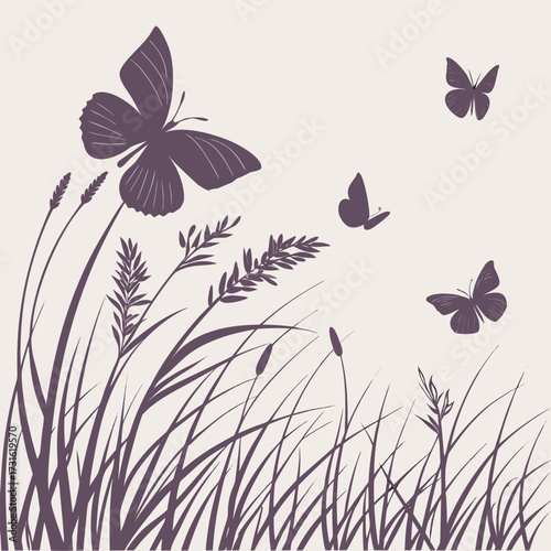 Purple butterflies fluttering above the tall grass