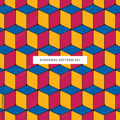 Vibrant geometric pattern of colorful cubes in bold pink, yellow, and blue for modern designs that pop with energy and visual interest for backgrounds