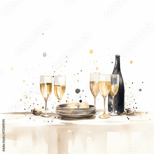 champange and glasses and confetti on new year's eve