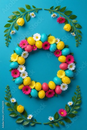 Vibrant Spring Wreath of Easter Eggs and Flowers on Bright Blue
