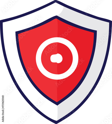 Red shield icon with concentric white circles and a central dot symbolizing protection security safety and defense digital concepts