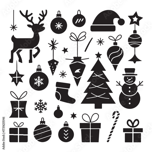 Christmas Silhouette Vector Icons with Tree, Snowman, Reindeer, Ornaments and Gifts
