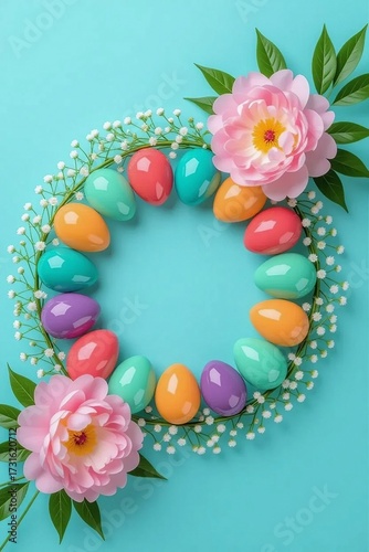 Vibrant Spring Wreath of Easter Eggs and Flowers on Bright Blue