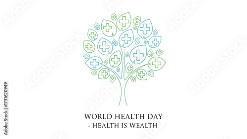 A stylized tree with leaves shaped like medical crosses, symbolizing health and well-being, with the text "World Health Day - Health is Wealth" below.