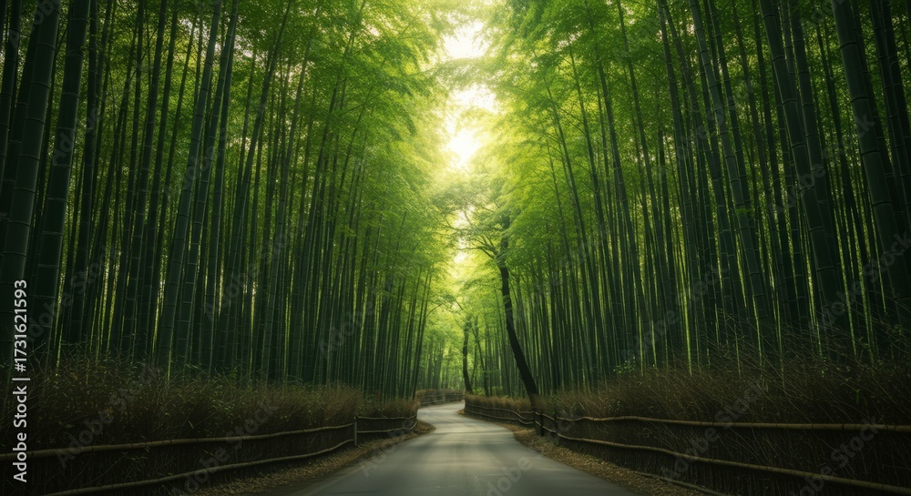 Obraz premium Lush bamboo forest road landscape with sunlight and vertical alignment nature background