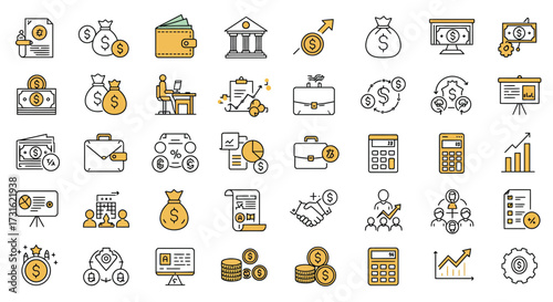 A diverse set of financial and business-themed line art icons, featuring money, banking, and investment symbols.