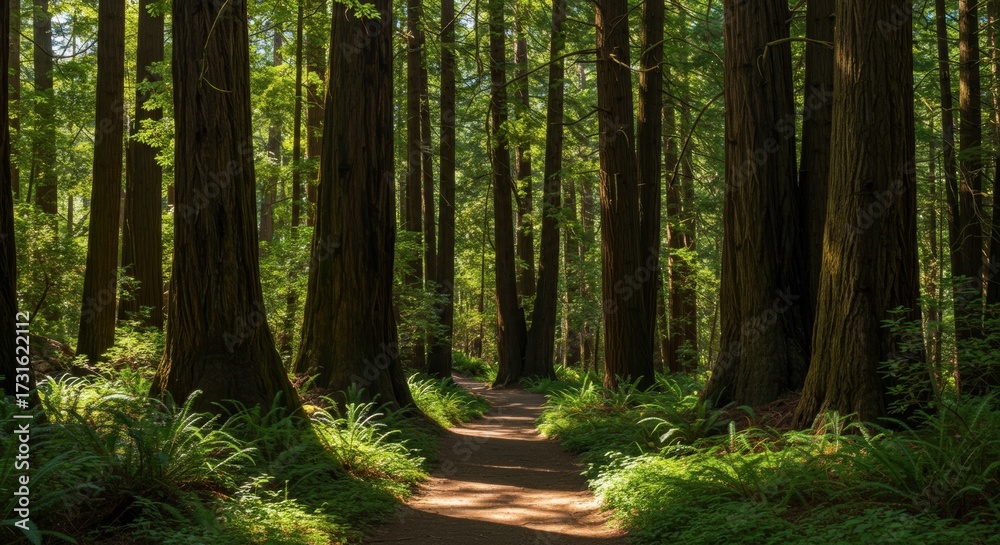 Fototapeta premium Lush forest path sunlight through trees nature landscape trail outdoors environment