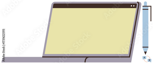 Open laptop alongside a stylus digital pen for design or writing purposes. Ideal for technology, creativity, education, productivity, remote work, digital tools, innovation. Clean simple flat
