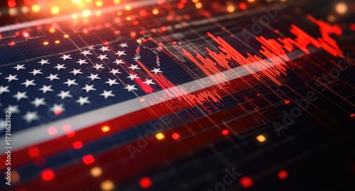 US flag overlaid with flashing red market graphs