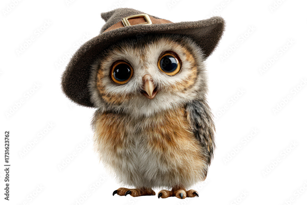 Fototapeta premium Adorable baby owl wea a whical witch hat with wide eyes looking curious and charming posing against a plain background for fantasy, wildlife, and Halloween themes
