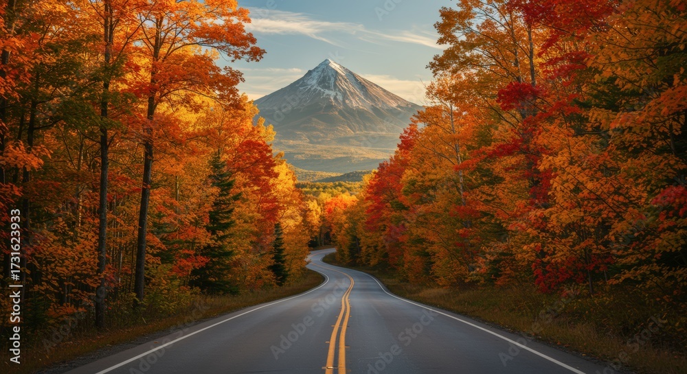 Fototapeta premium Scenic highway winding through vibrant autumn forest towards majestic mountain peak under bright sunlight