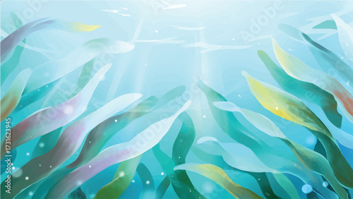 Colorful underwater scene with seaweed, corals, bubbles, and sunlight rays, vibrant ocean illustration perfect for marine themes and aquatic designs.