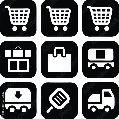 Diverse e-commerce icons set featuring shopping carts bags delivery vehicles and logistics symbols
