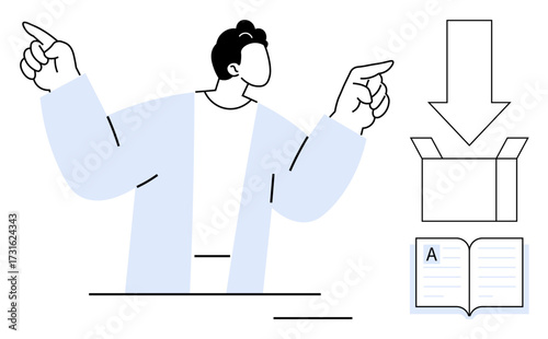 Person gestures with raised hands, open box and book below arrow. Ideal for education, organization, instructions, logistics, communication, teaching guidance. Simple flat metaphor