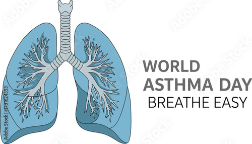 Illustration of human lungs with the text "World Asthma Day Breathe Easy" promoting respiratory health awareness.