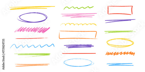 Colorful hand drawn line with pencil, crayon or pen stroke marks for underline emphasis in text design. Waves, ovals and rectangles with scribble texture for highlighting. Decorative elements set