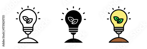 Green eco energy icon with bulb and green leaf. Eco friendly, environmentally vector icons illustrations for graphic design.