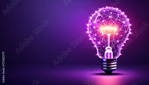 Glowing lightbulb with a connected network design, symbolizing innovation, technology, and bright ideas on a purple background.