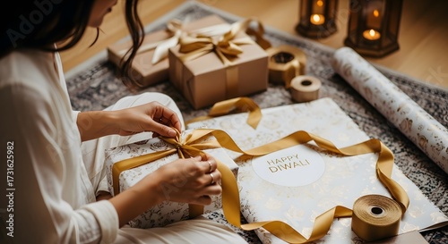 Woman tying golden ribbon on beautiful Diwali gift package Indian Festival Celebration Present Festive Bright Culture Tradition