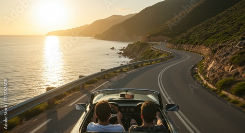 Scenic road journey along coastline with convertible car during sunset landscape view