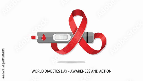 A red awareness ribbon encircles a diabetes testing device, symbolizing World Diabetes Day and the call for awareness and action.
