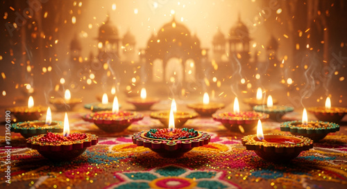 A Happy Diwali Background With Golden Diyas And Colorful Rangoli Designs Against A Temple Backdrop
